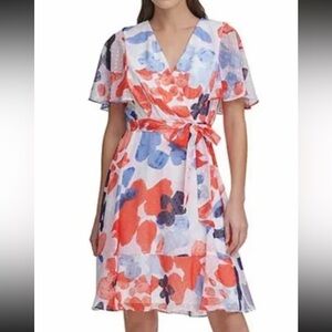 DKNY Floral Flowy Lined Flutter Sleeve Belted Dress Size 10